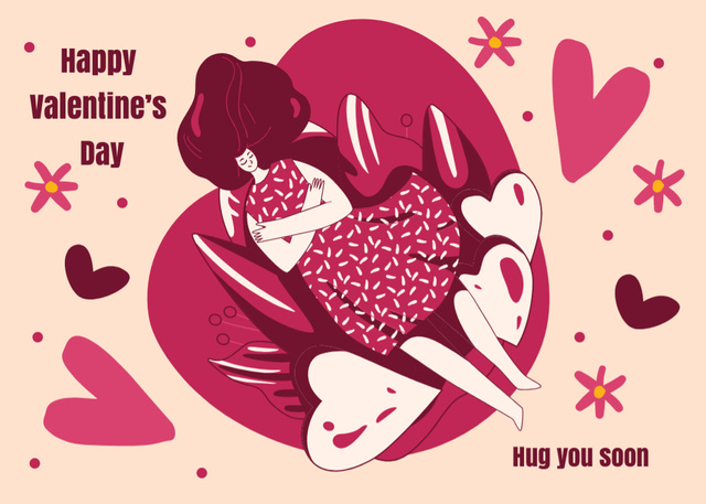 Valentine's Day With Cute Illustration And Pink Hearts Postcard 5x7in Design Template