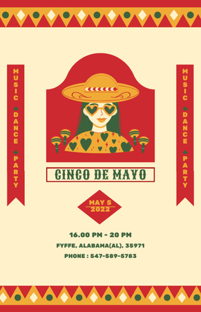 Juhlailmoitus Cinco de Mayo naisen kanssa Sombrerossa Invitation 5.5x8.5in Design Template