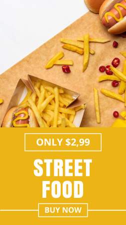 Modèle de visuel Annonce de nourriture de rue avec un délicieux hot-dog et des frites - Instagram Story