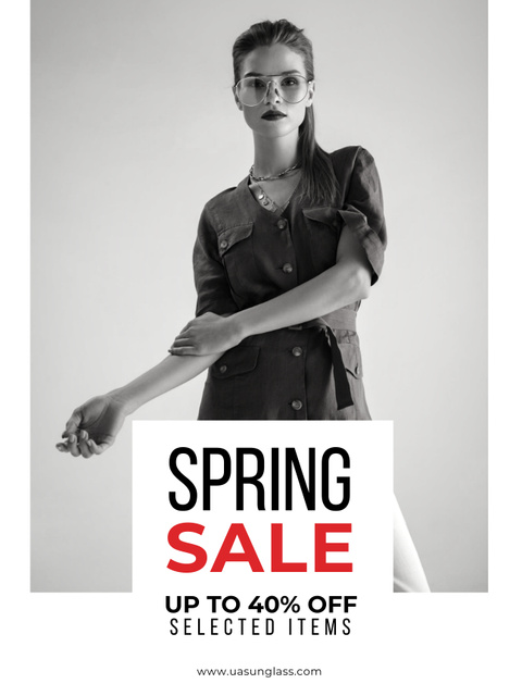 Spring Sale with Beautiful Woman in Black and White Tones Poster US Design Template