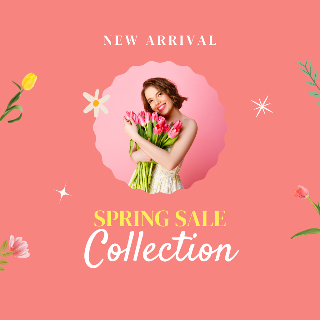 Female Spring Fashion Clothes Sale with Woman and Bouquet of Tulips Instagram Tasarım Şablonu