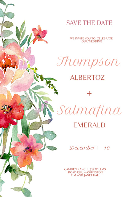 Wedding Ceremony Announcement on Watercolor Flowers Invitation 4.6x7.2in Design Template