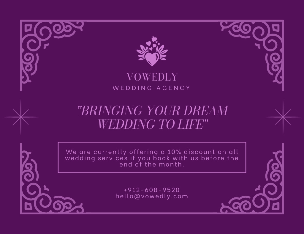 Szablon projektu Wedding Agency Ad in Purple Ornate Layout Thank You Card 5.5x4in Horizontal