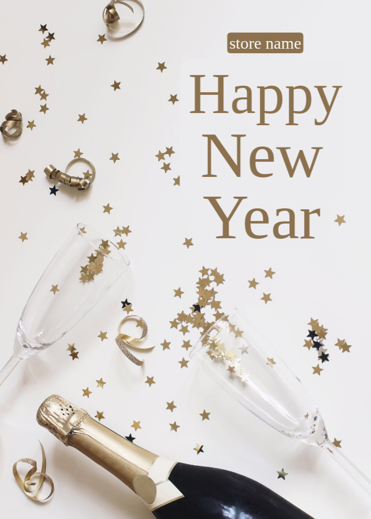 Template di design Bright New Year Greeting with Champagne Bottle Postcard 5x7in Vertical