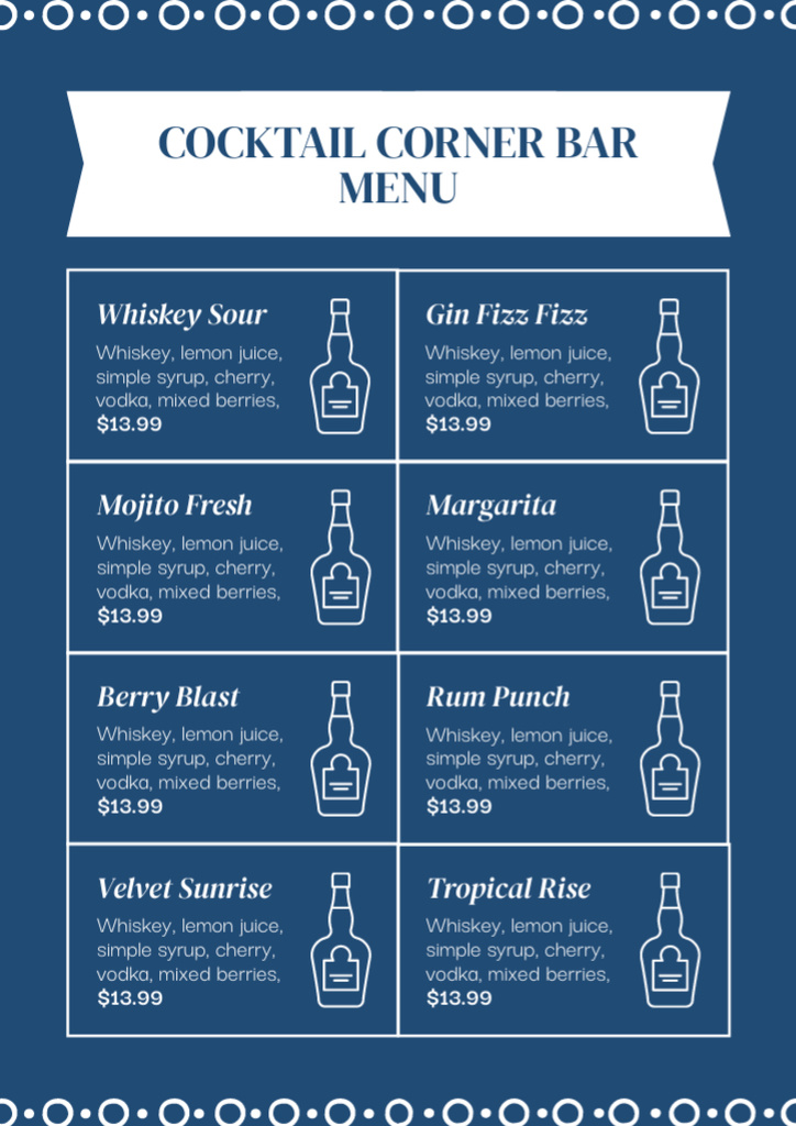 Cocktails Price-List on Blue Menu Design Template