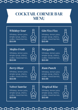 Cocktailien hinnasto sinisellä Menu Design Template