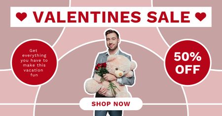 Valentine's Day Sale with Man with Teddy Bear Facebook AD Design Template