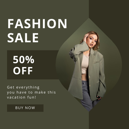 Fashion Flash Sale Announcement with Woman in Green Jacket Instagram tervezősablon