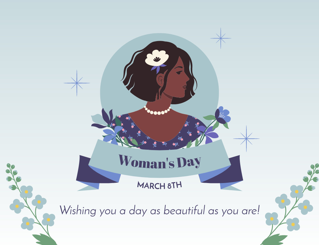 Best Wishes for Women's Day on Blue Thank You Card 5.5x4in Horizontal Design Template