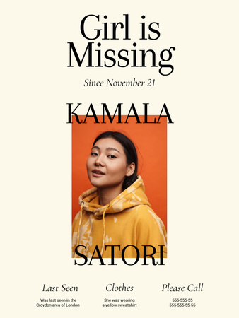 Designvorlage Benachrichtigung zur Unterstützung bei der Suche nach einem vermissten Mädchen mit Beschreibung für Poster US