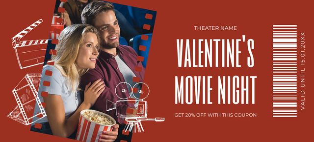Valentine's Day Movie Night Announcement with Couple Coupon 3.75x8.25in Πρότυπο σχεδίασης