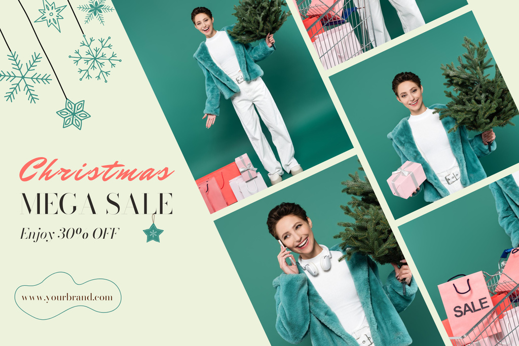 Christmas discount announcement with photo set of happy woman Mood Boardデザインテンプレート