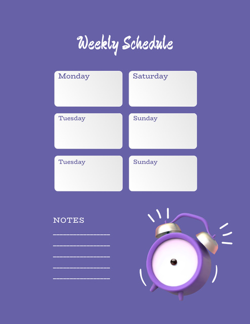 Weekly Schedule with Alarm Clock on Purple Notepad 8.5x11in Design Template