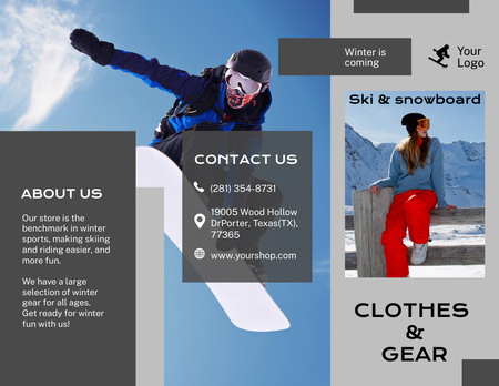 Plantilla de diseño de Anuncio de ropa y equipo de esquí y snowboard Brochure 8.5x11in 