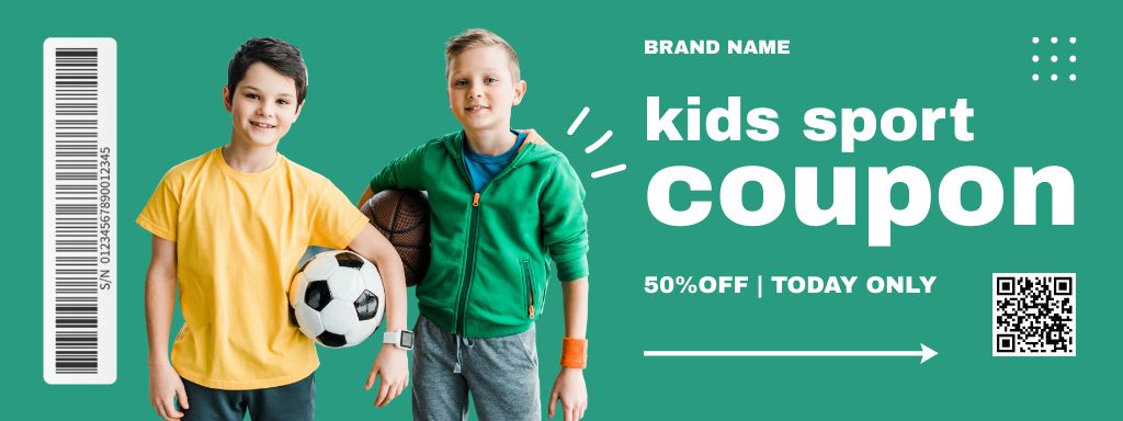 Ontwerpsjabloon van Coupon van Children’s Sports Store Discount with Boys with Ball
