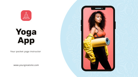 Designvorlage Yoga-App-Werbung mit junger Frau, die Matte hält für Full HD video