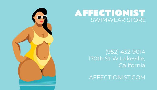 Swimwear Shop Advertisement with Attractive Woman  Business Card US Modelo de Design