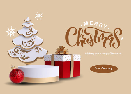Plantilla de diseño de Saludos festivos navideños con regalo y árbol. Postcard 5x7in 