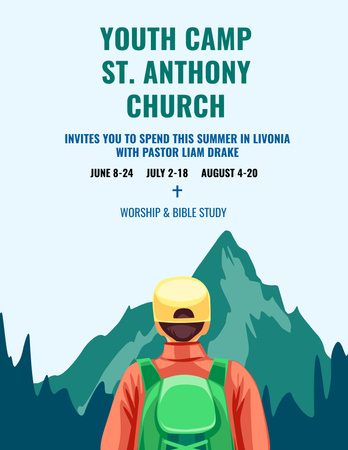 Invitation to Youth Religion Camp with Boy in Mountains Poster 8.5x11in Design Template