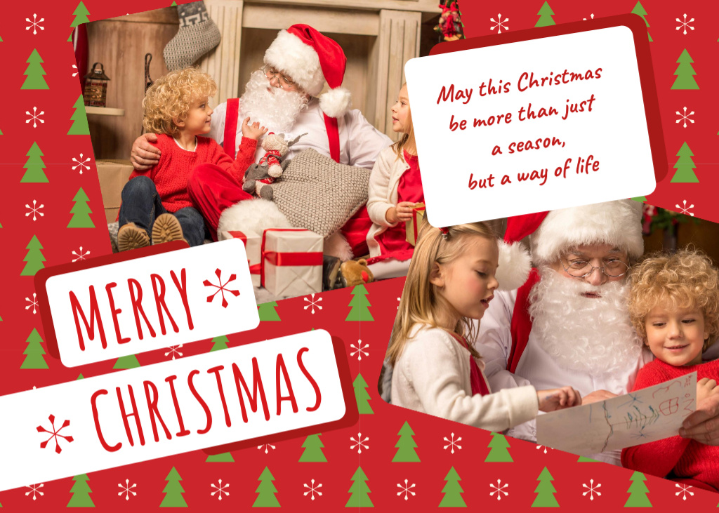 Designvorlage Handwritten Christmas Greeting With Kids and Santa In Red für Postcard 5x7in