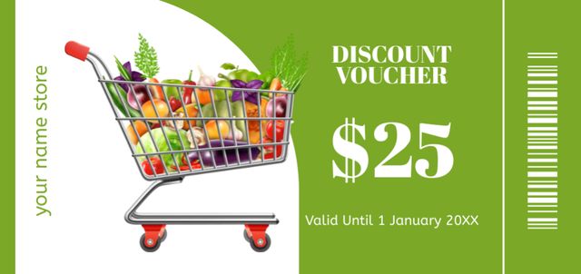 Shopping Cart with Fresh Vegetables on Green Coupon Din Large – шаблон для дизайну
