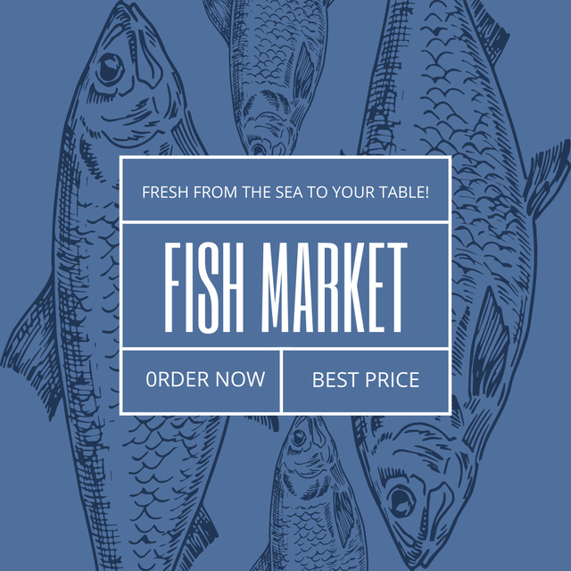 Ad of Fish Market with Sketch in Blue Instagram AD tervezősablon