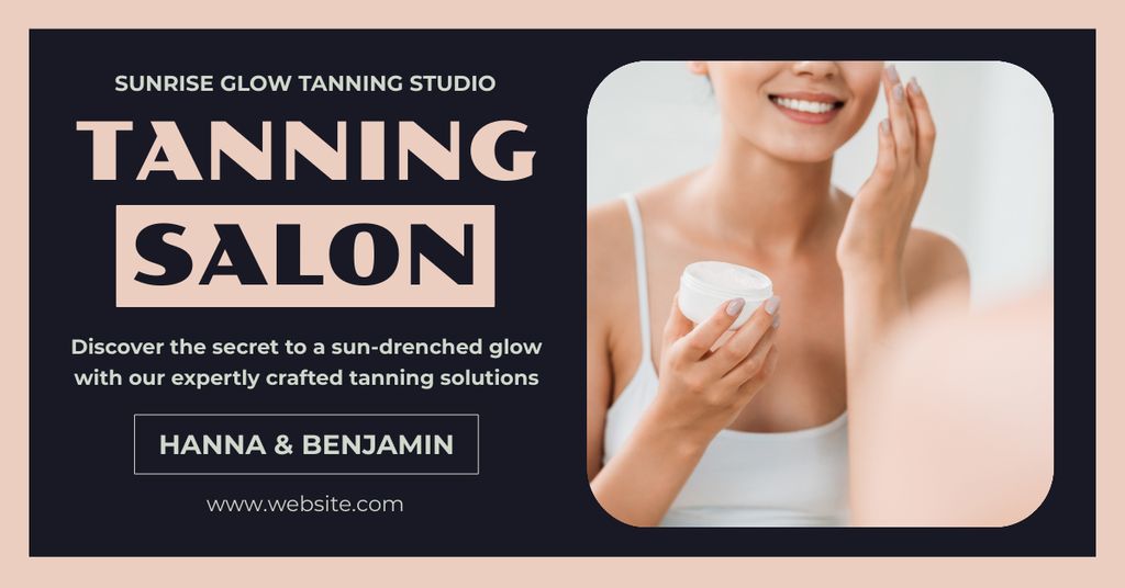 Tanning Studio Advertising with Smiling Woman Facebook AD Modelo de Design