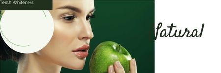Clareamento dos dentes com mulher segurando a maçã verde Email header Modelo de Design