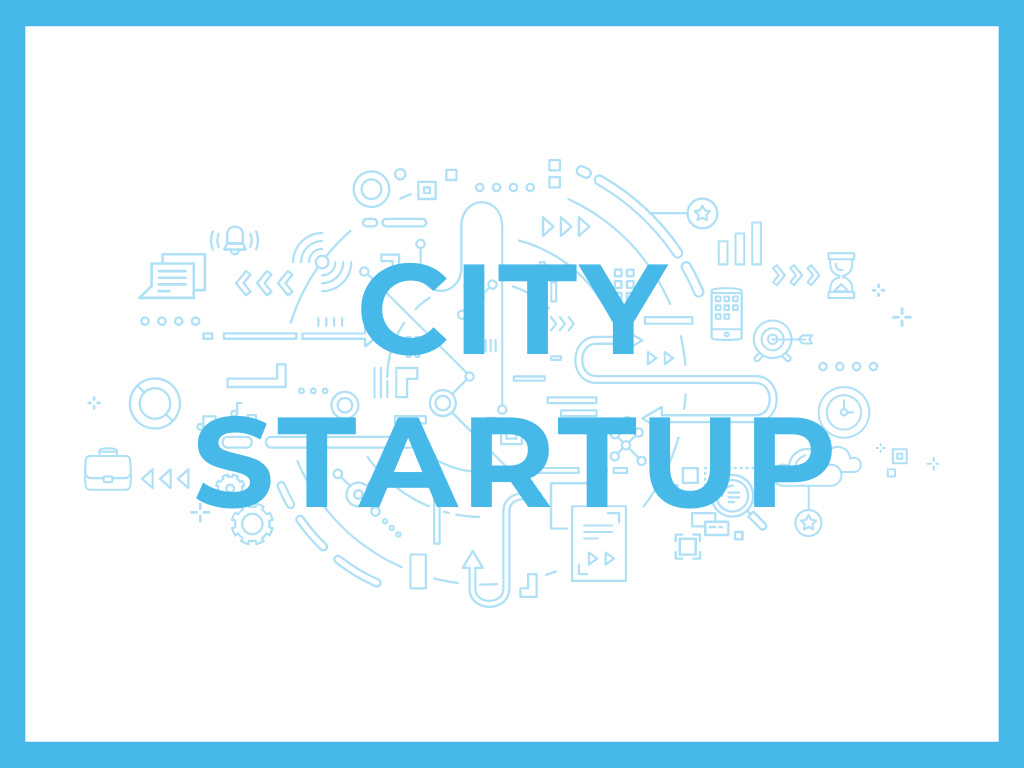 Platilla de diseño City Startup with Digital Devices Icons and Network Presentation