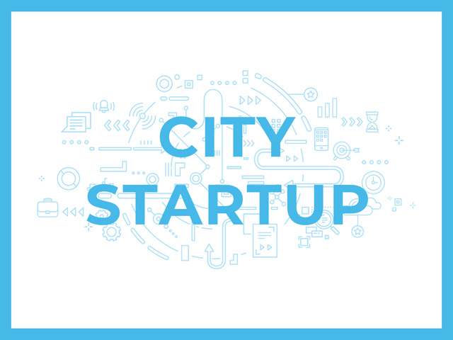 City Startup with Digital Devices Icons and Network Presentation Modelo de Design