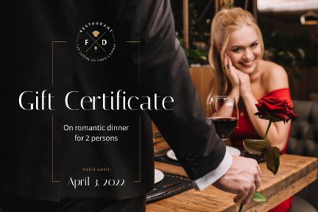 Dinner Offer with Romantic Couple in Restaurant Gift Certificate Design Template