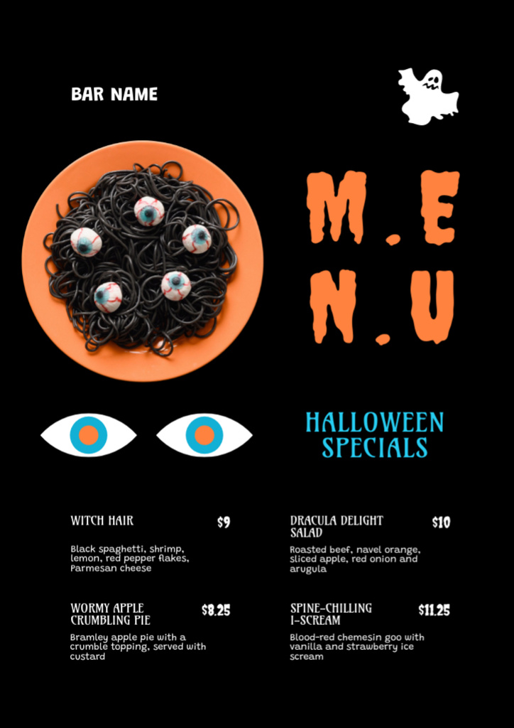 Plantilla de diseño de Creepy Dish on Halloween on Black Menu 