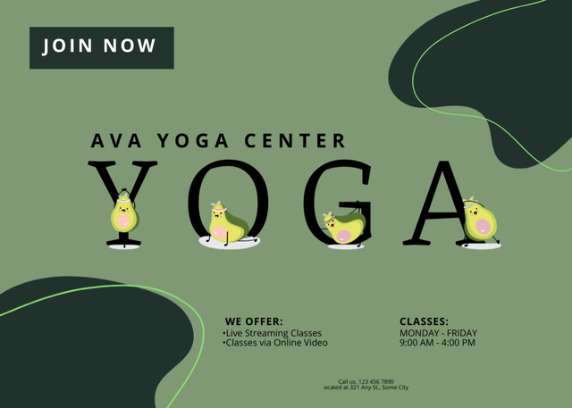 Plantilla de diseño de Yoga Center Contacts with Cute Avocados Postcard 5x7in 