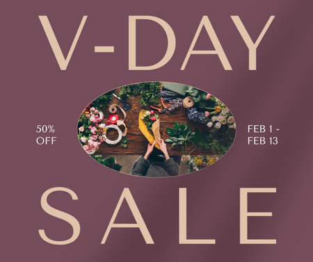 Platilla de diseño Valentine's Day Holiday Sale with Woman with Bouquet Facebook