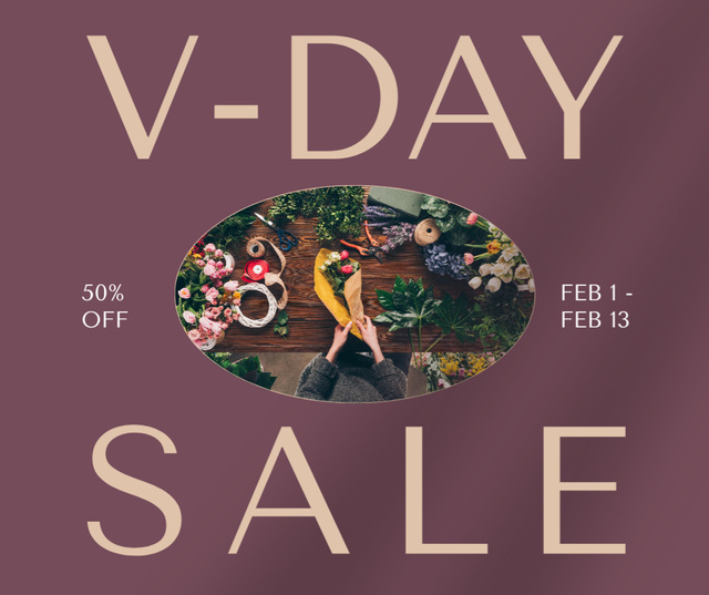 Valentine's Day Holiday Sale with Woman with Bouquet Facebook Design Template