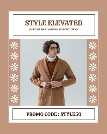 Designvorlage Werbung für stilvolle Männerkleidung mit jungem Mann im Mantel für Instagram Post Vertical