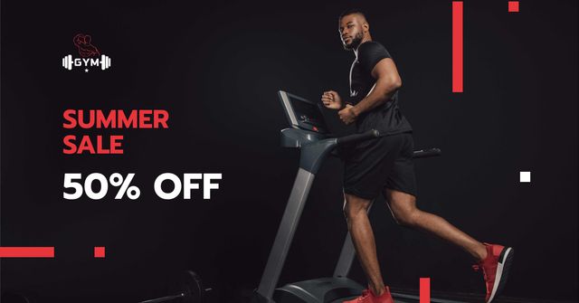 Designvorlage Premium Workouts Offer with Man on Treadmill für Facebook AD