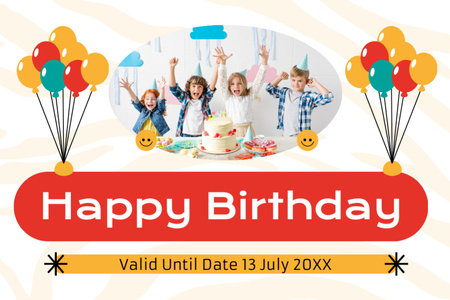 Cheerful Children Celebrating Birthday with Cake Gift Certificate Design Template