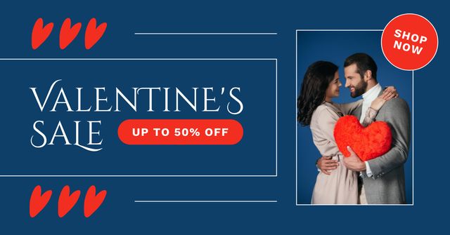 Valentine's Day Sale with Beautiful Couple and Big Red Heart Facebook AD Design Template