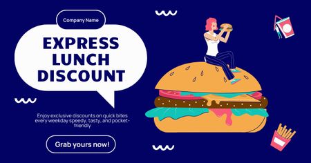 Plantilla de diseño de Anuncio de descuento para almuerzo exprés con mujer comiendo hamburguesa Facebook AD 