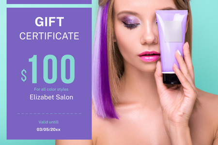 Plantilla de diseño de Beauty Salon Ad with Woman with Bright Purple Hair Gift Certificate 