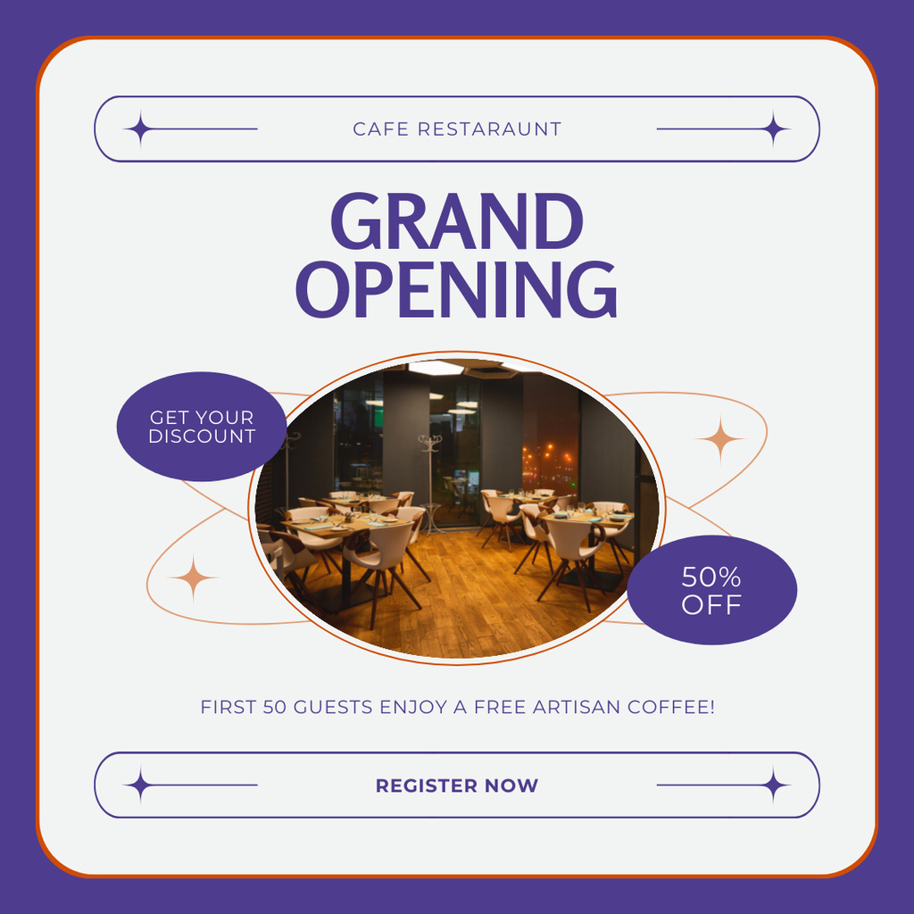Designvorlage Cafe And Restaurant Opening Event With Meals At Half Price für Instagram