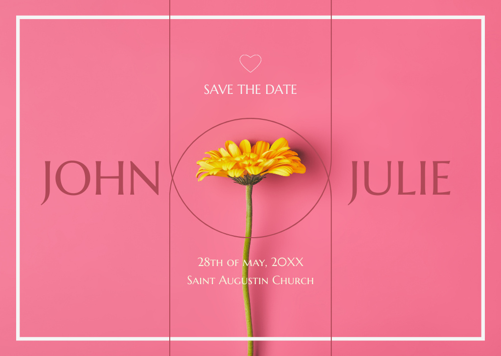 Wedding Celebration Announcement with Yellow Flower on Pink Card Tasarım Şablonu