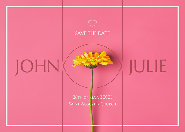 Wedding Celebration Announcement with Yellow Flower on Pink Card Tasarım Şablonu