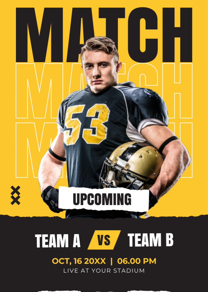 Template di design Sport Match Ad with Handsome American Football Player Flayer