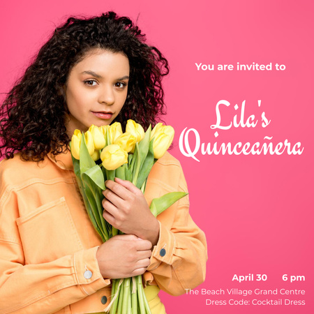 Plantilla de diseño de Invitación al evento con mujer atractiva con ramo de tulipanes Instagram 