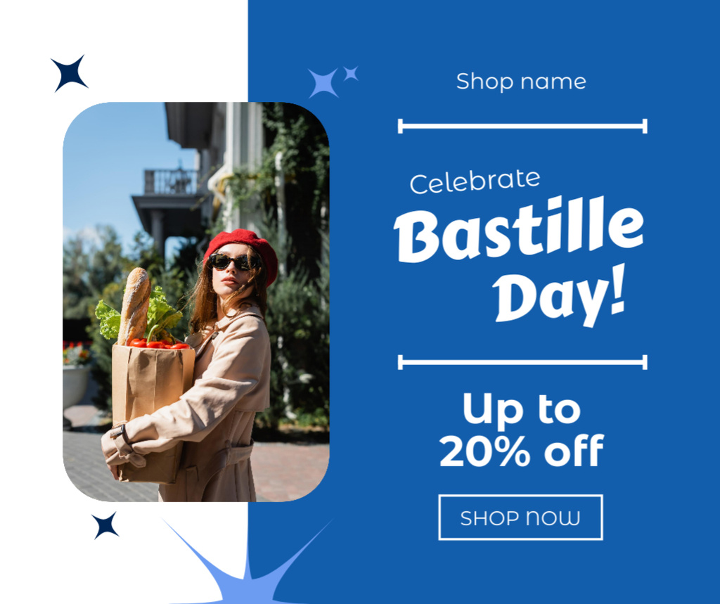 Bastille Day Sale with Attractive Young Woman Facebook Tasarım Şablonu