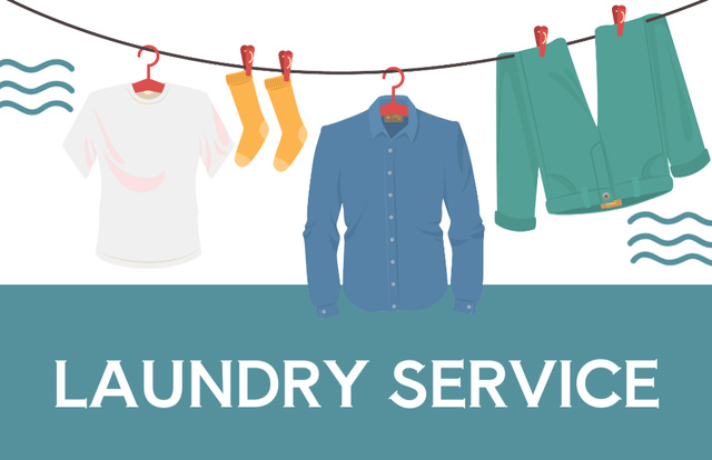 Laundry Service Announcement with Clothes Illustration Business Card 85x55mm Tasarım Şablonu