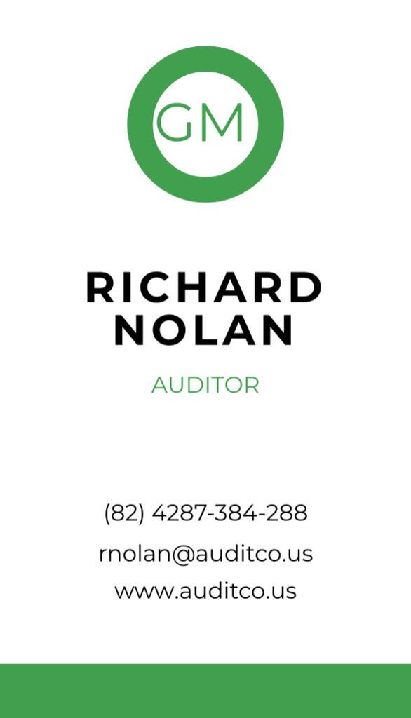Auditor Services Offer on Modern Green and White Layout Business Card US Vertical Design Template