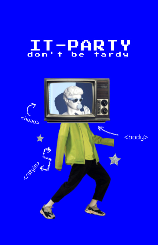 IT – Party Announcement with TV-headed Man In Blue Flyer 5.5x8.5in – шаблон для дизайна